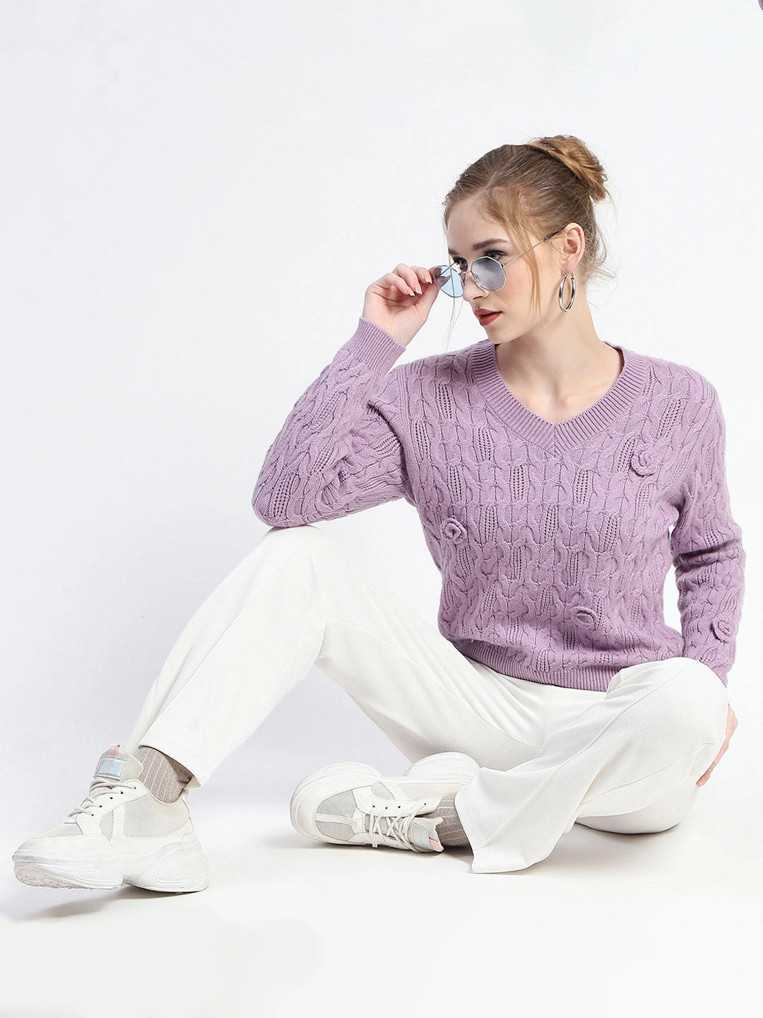 Madame Cable Knit Applique Flower Mauve Sweater Winter Perfection Layering Knit