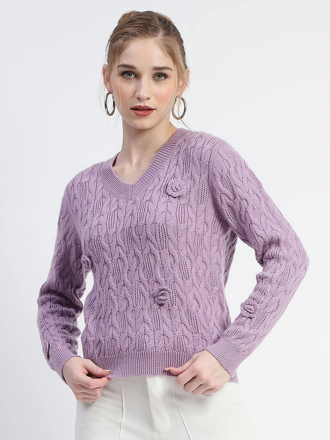 Madame Cable Knit Applique Flower Mauve Sweater Seamless construction Chilly Layering