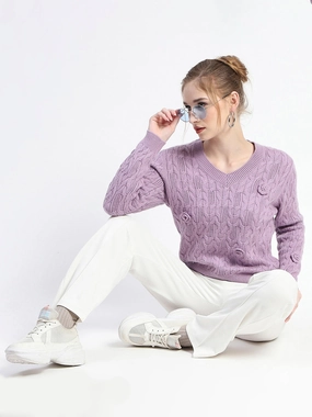 Madame Cable Knit Applique Flower Mauve Sweater Winter Perfection Layering Knit