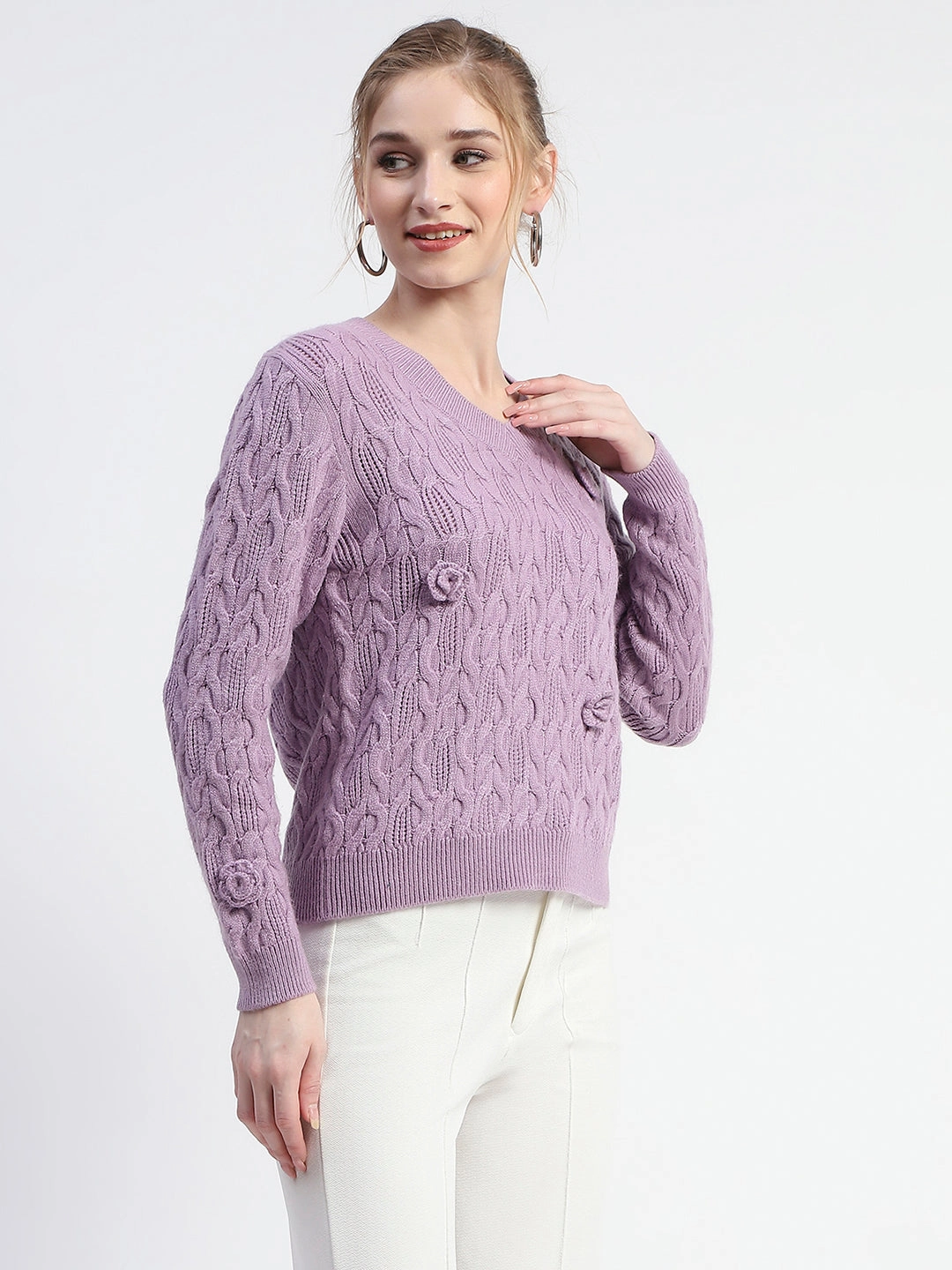 Madame Cable Knit Applique Flower Mauve Sweater Chill Mode