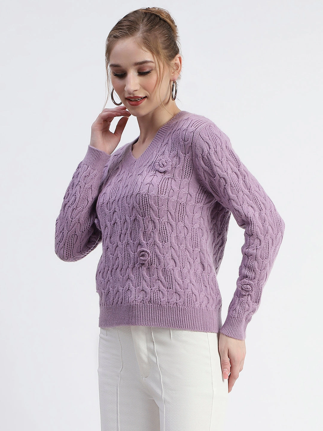 Multipanel Construction Madame Cable Knit Applique Flower Mauve Sweater