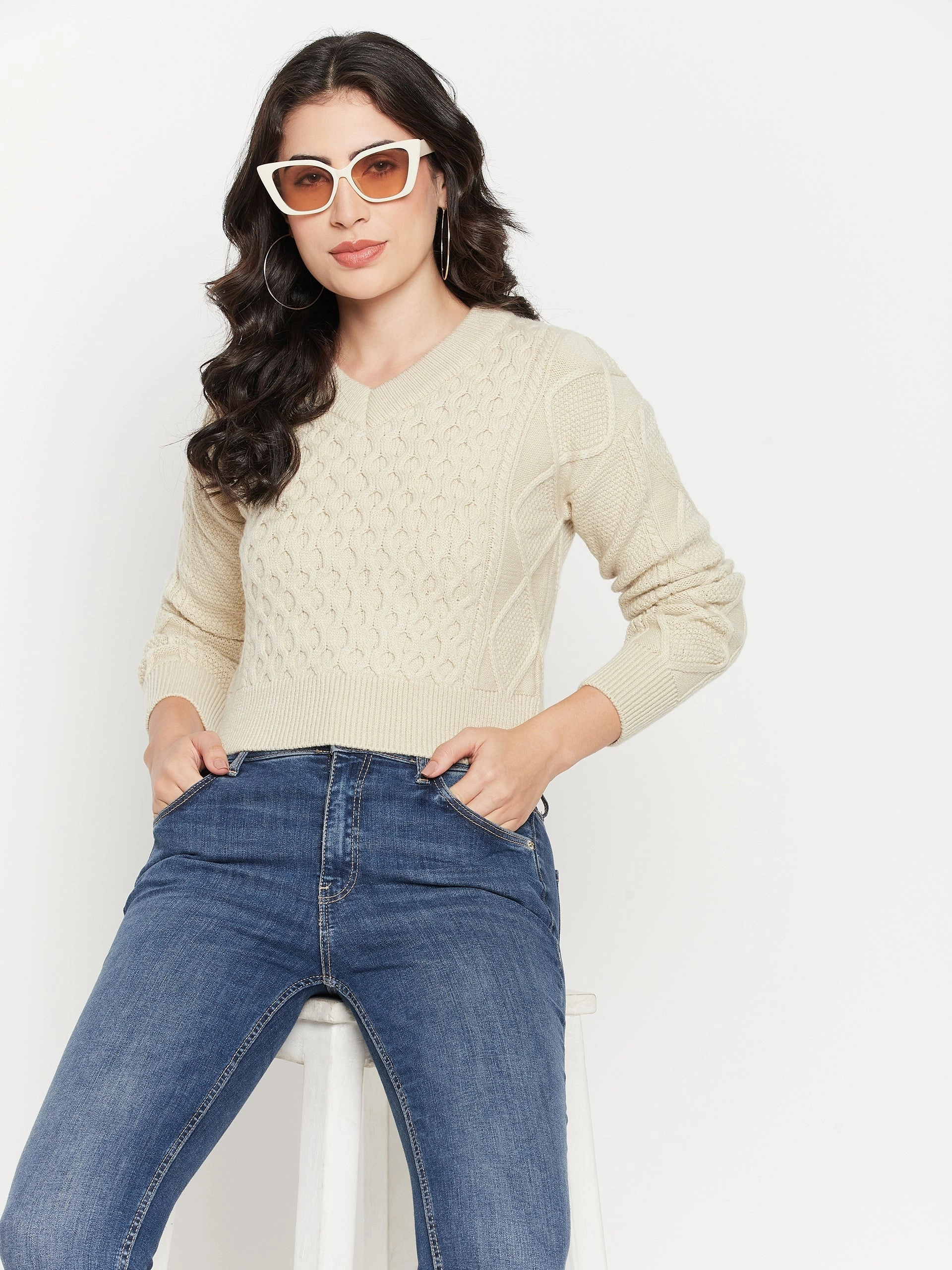 Madame Cable Knit Beige Crop Sweater Cozy Layered Wear Light Layer