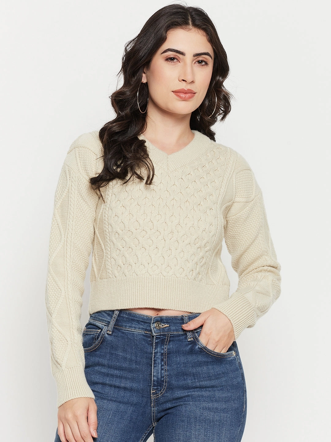 Cozy Fit Madame Cable Knit Beige Crop Sweater