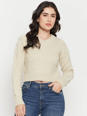 Cozy Fit Madame Cable Knit Beige Crop Sweater