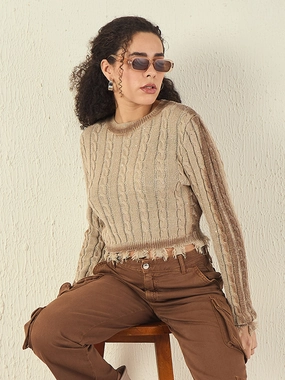 Madame Cable Knit Fawn Crop Sweater Outdoor Vibe Light Wear