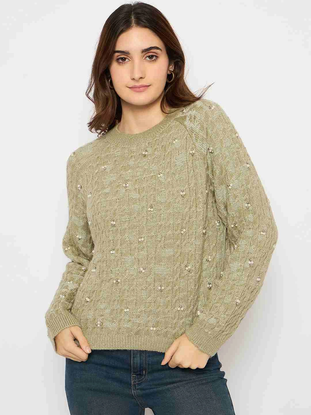 Comfy And Warm Breathable layers Madame Cable Knit Pearl Embellished Green Sweater