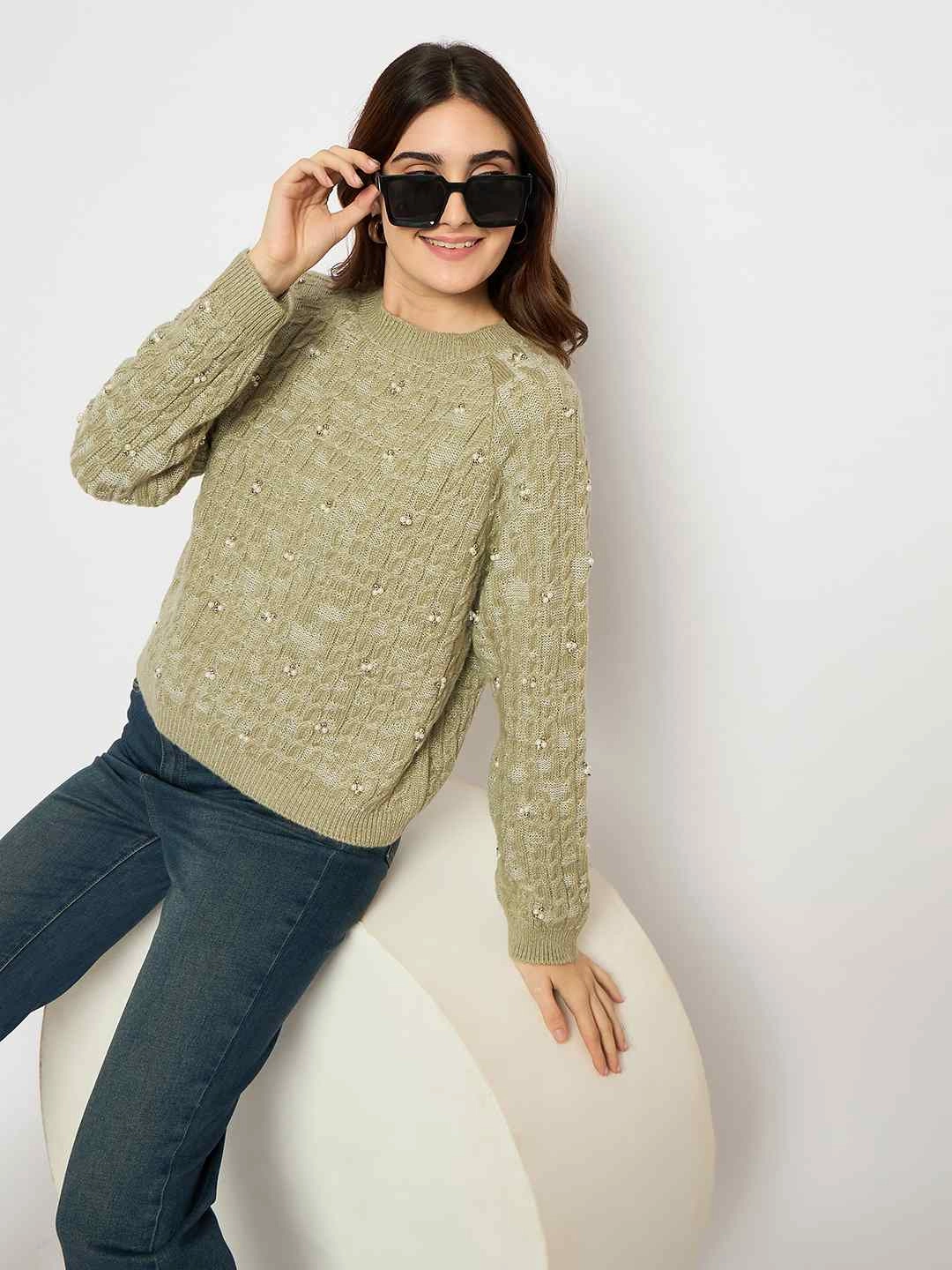 Soft and Elegant Soft Layer Madame Cable Knit Pearl Embellished Green Sweater