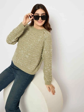 Soft and Elegant Soft Layer Madame Cable Knit Pearl Embellished Green Sweater