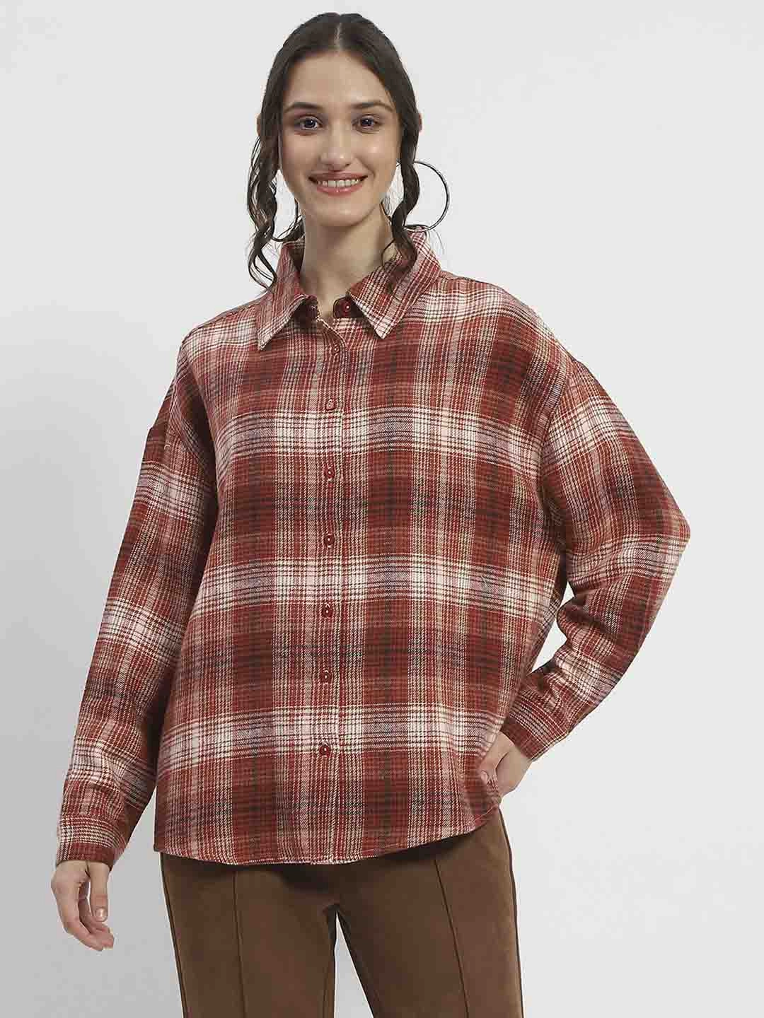 Madame Chequered Long Sleeved Cotton Brown Shirt Mesh Insert Printed Pattern