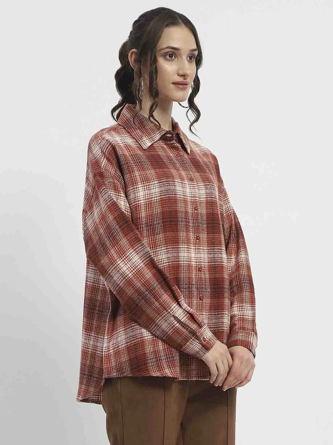 Workwear Ready Bold colors Madame Chequered Long Sleeved Cotton Brown Shirt