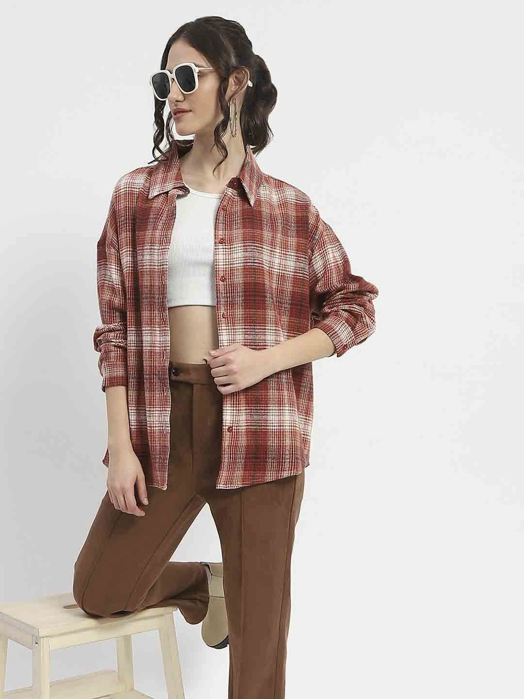 Madame Chequered Long Sleeved Cotton Brown Shirt Anniversary Celebration Striped Design