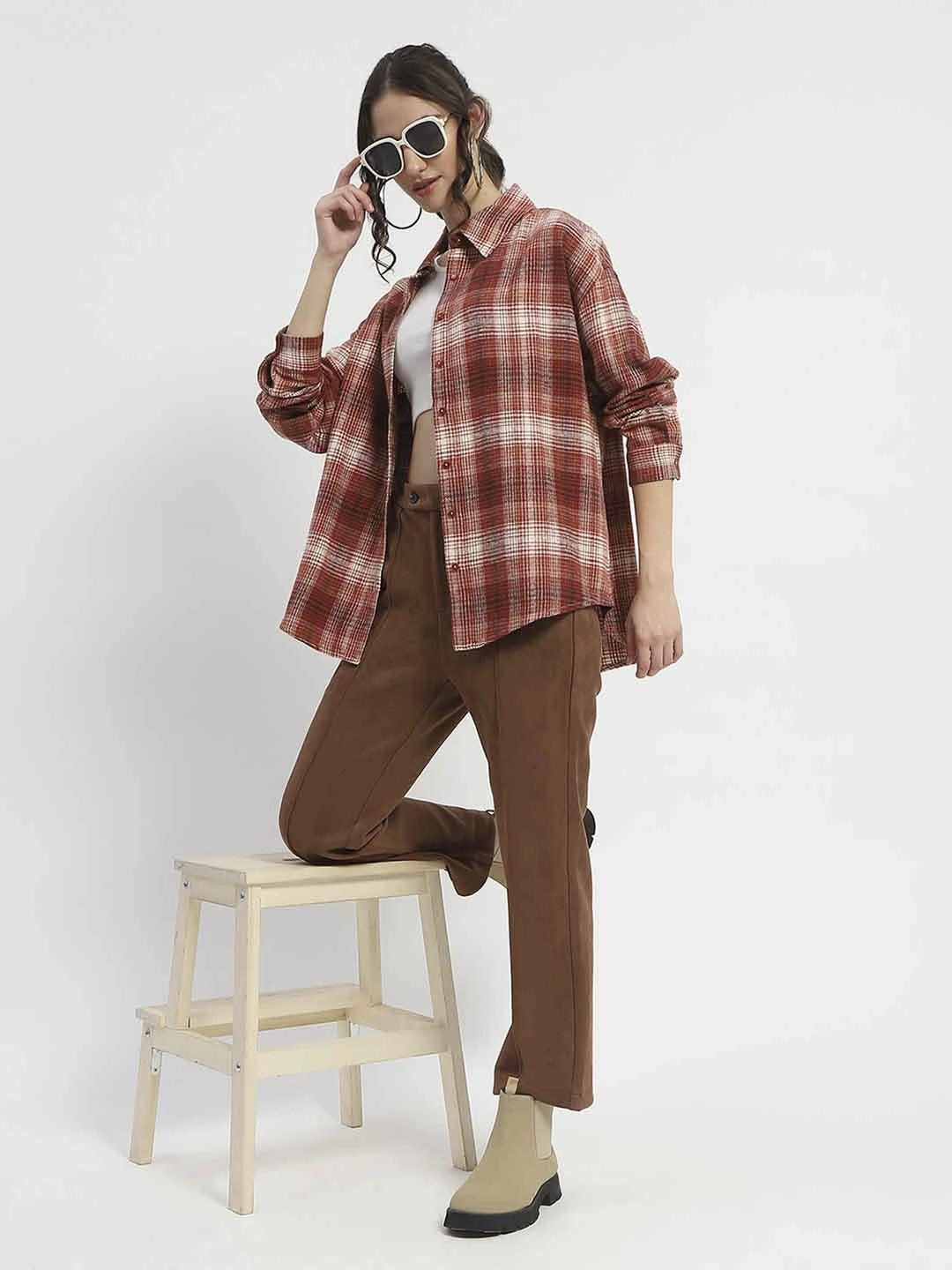 Madame Chequered Long Sleeved Cotton Brown Shirt Embellished Neckline Non Irritating Tags