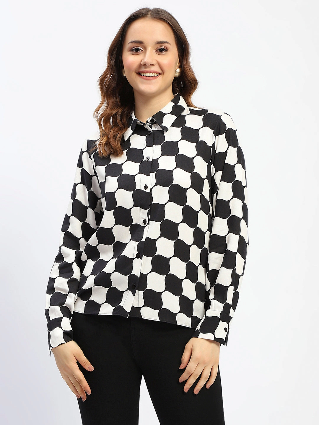 Madame Chessboard Print Black Viscose Shirt All-Day Wear