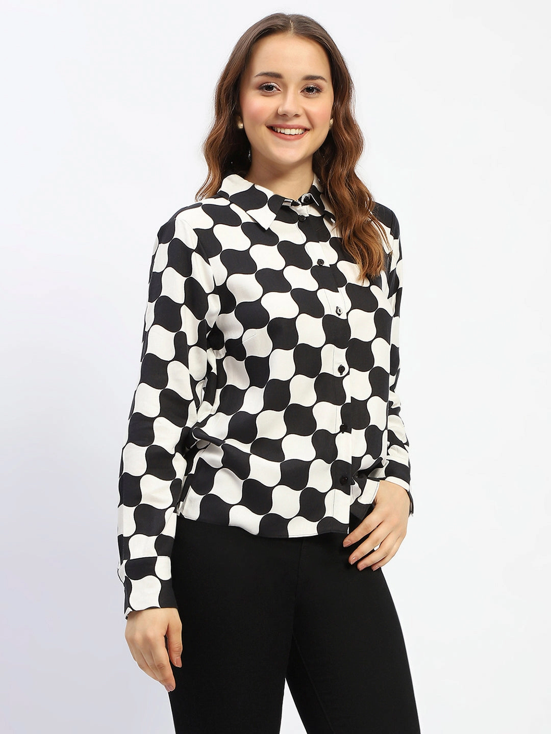 Madame Chessboard Print Black Viscose Shirt Tuckable Hem