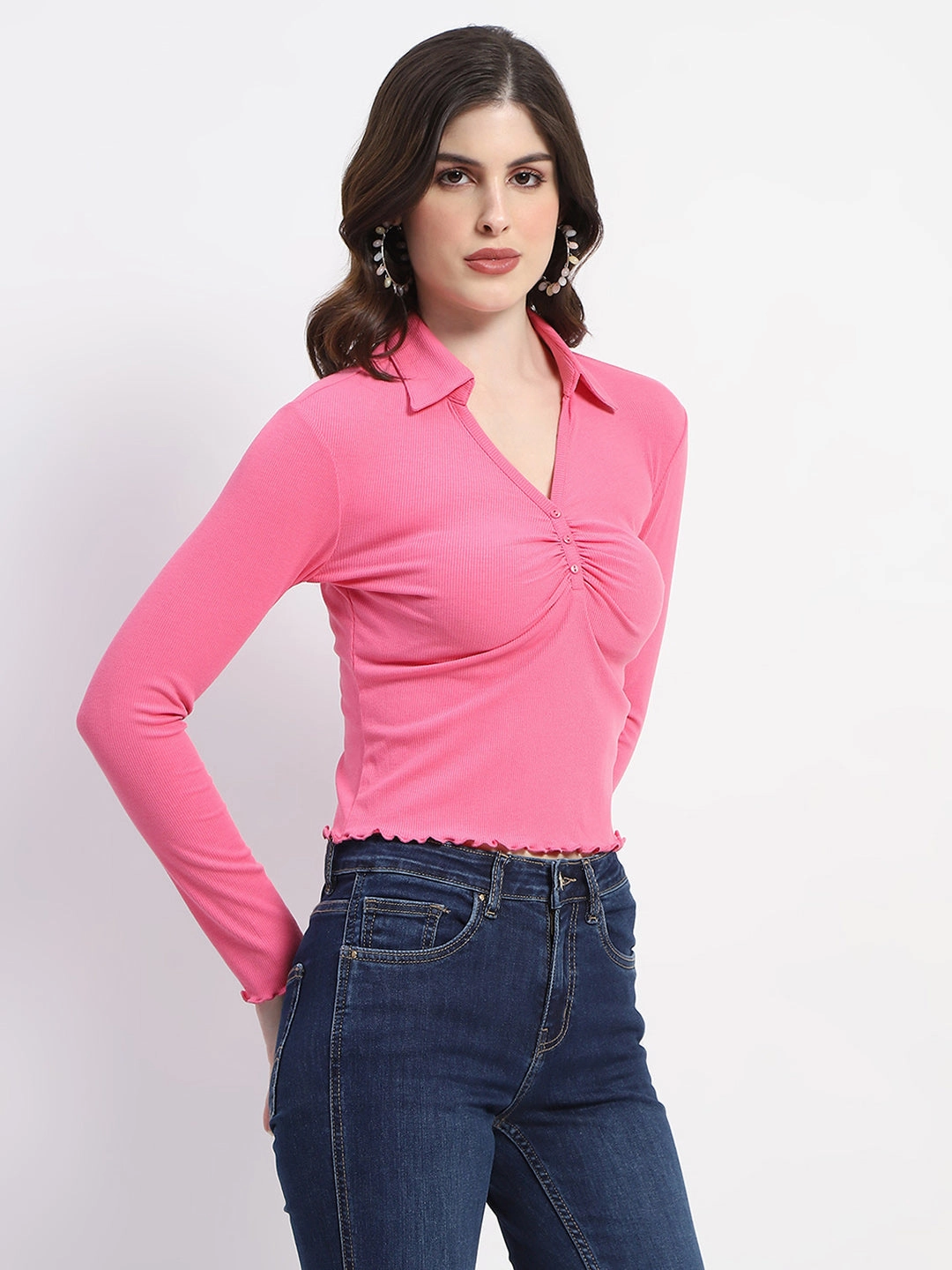 Madame Collared Neckline Scallop Hem Ruched Pink Top UniversalFit AntiStaticTreatment