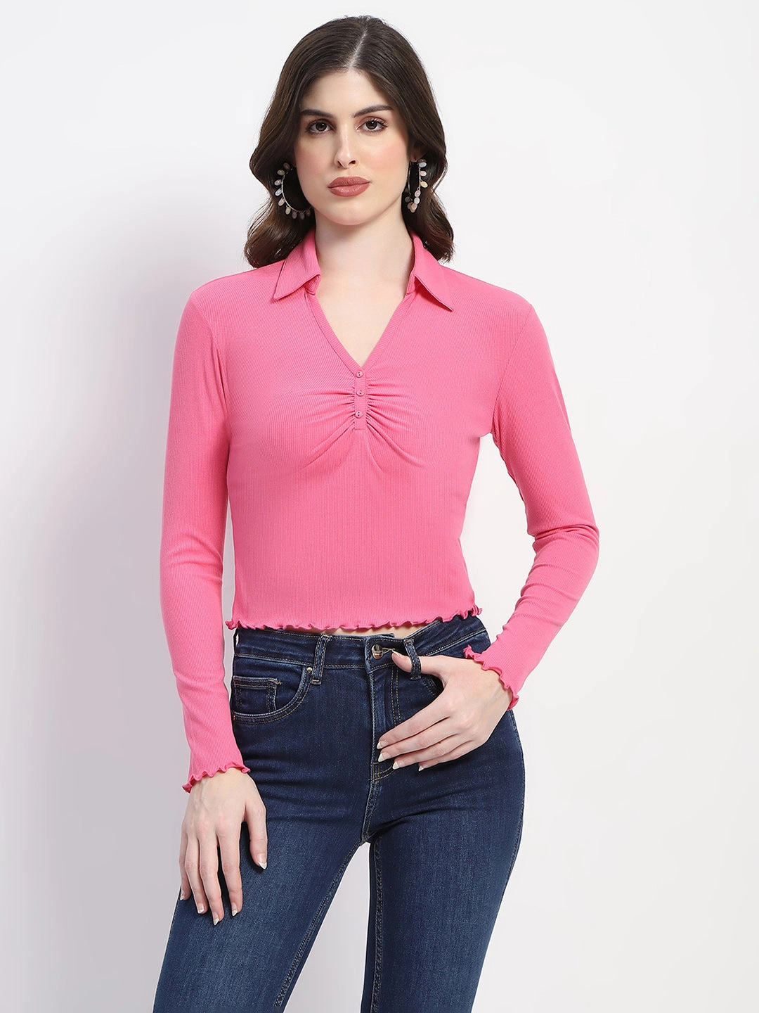 Madame Collared Neckline Scallop Hem Ruched Pink Top Two Tone Texture Effect