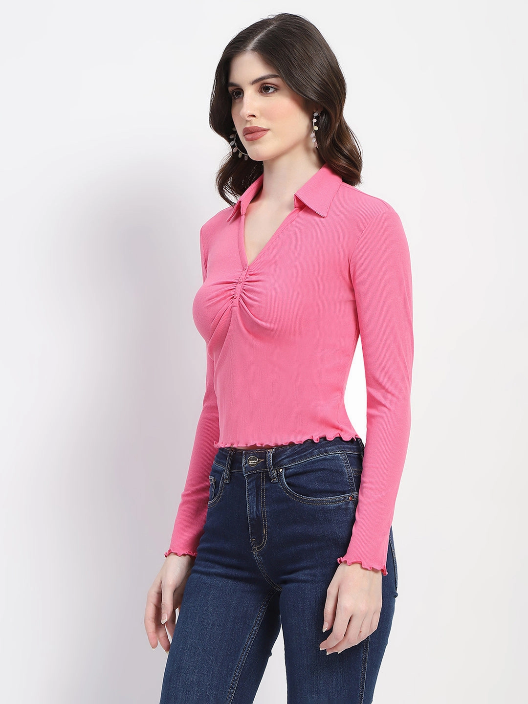 Madame Collared Neckline Scallop Hem Ruched Pink Top Multipurpose Design CrossGrain Fabric