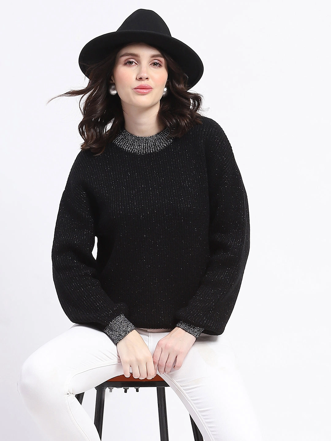 Madame Color Accented Black Buttoned Sweater Soft and Elegant