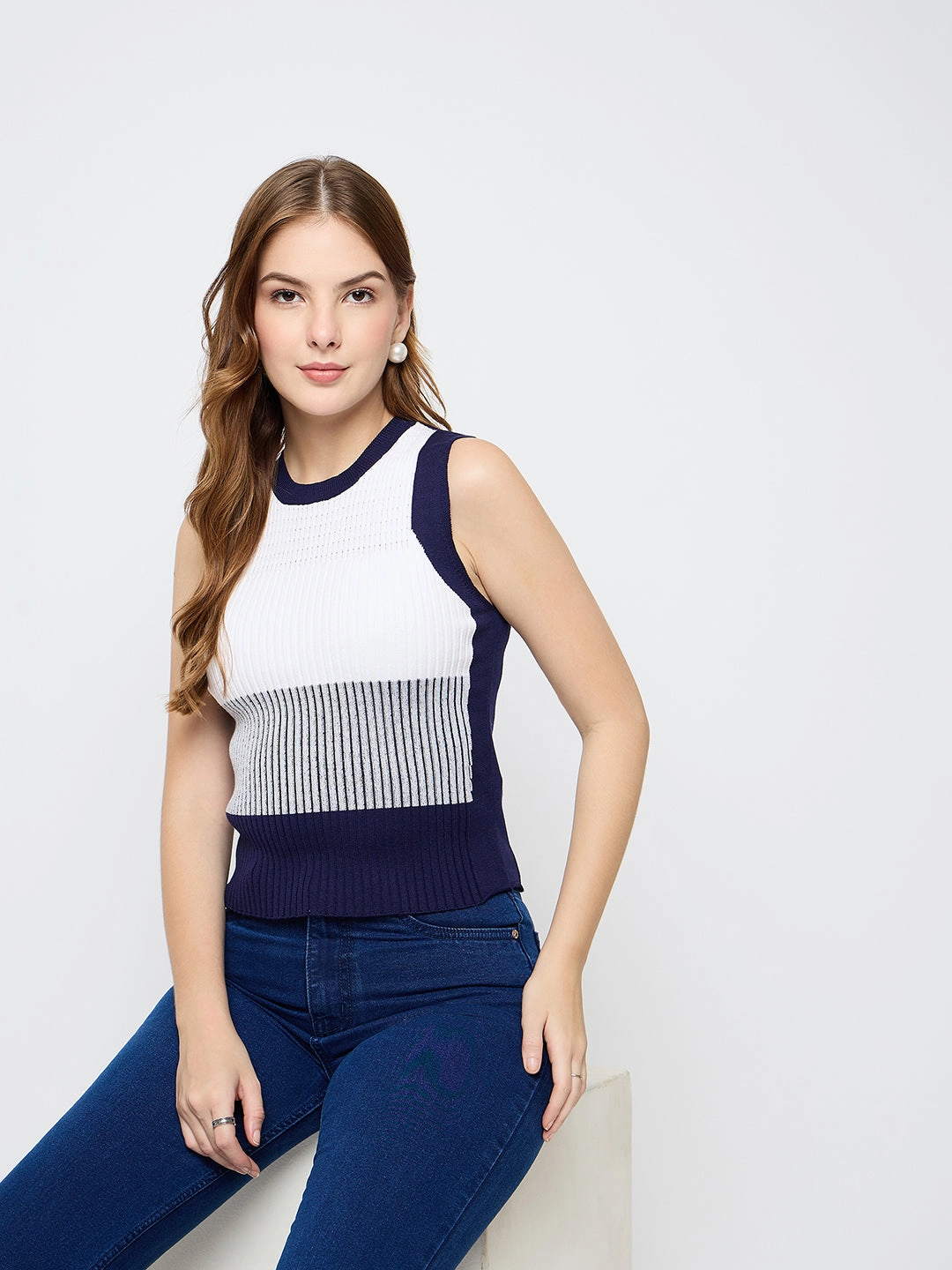 Denim Shirt sporty wear Madame Colourblock Sleeveless Navy Blue Knitted Top