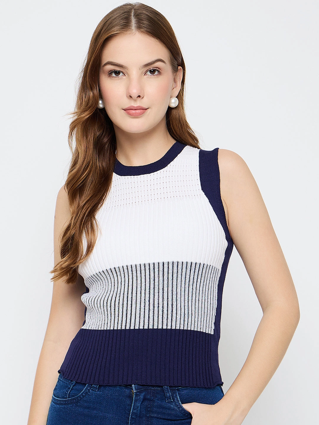 Madame Colourblock Sleeveless Navy Blue Knitted Top CompressionFit