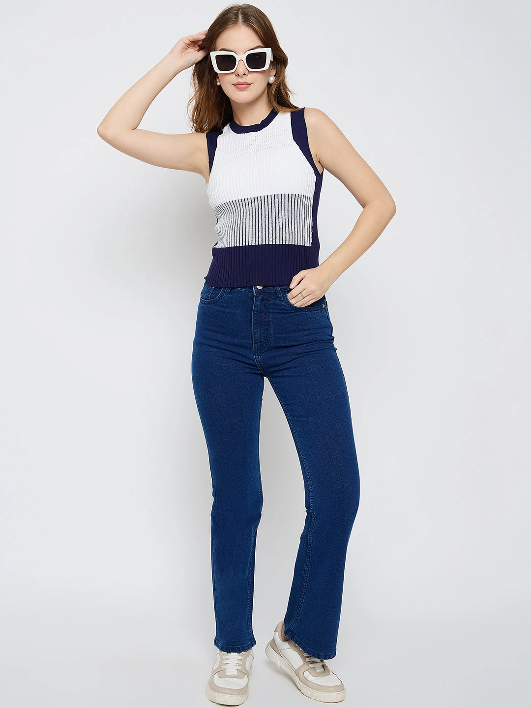 Madame Colourblock Sleeveless Navy Blue Knitted Top Moisture Wicking Material Active Blouse