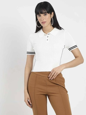 Madame Contrast Trim Polo Neck White Knitted T-shirt TumbleDryFriendlyMaterial Double Stitched Hem