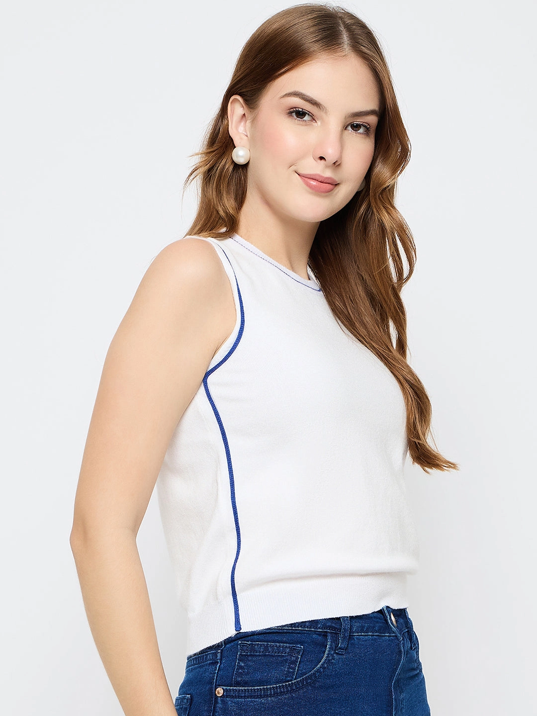 Wear Resistant Fabric Madame Contrast Trim Sleeveless Blue Knitted Top