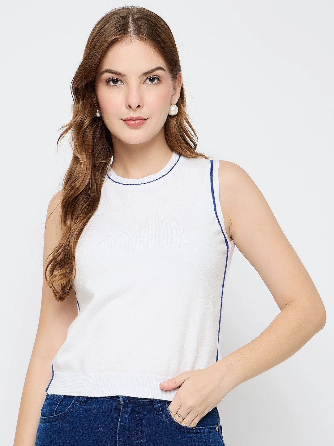 Madame Contrast Trim Sleeveless Blue Knitted Top Quick Dry Blend