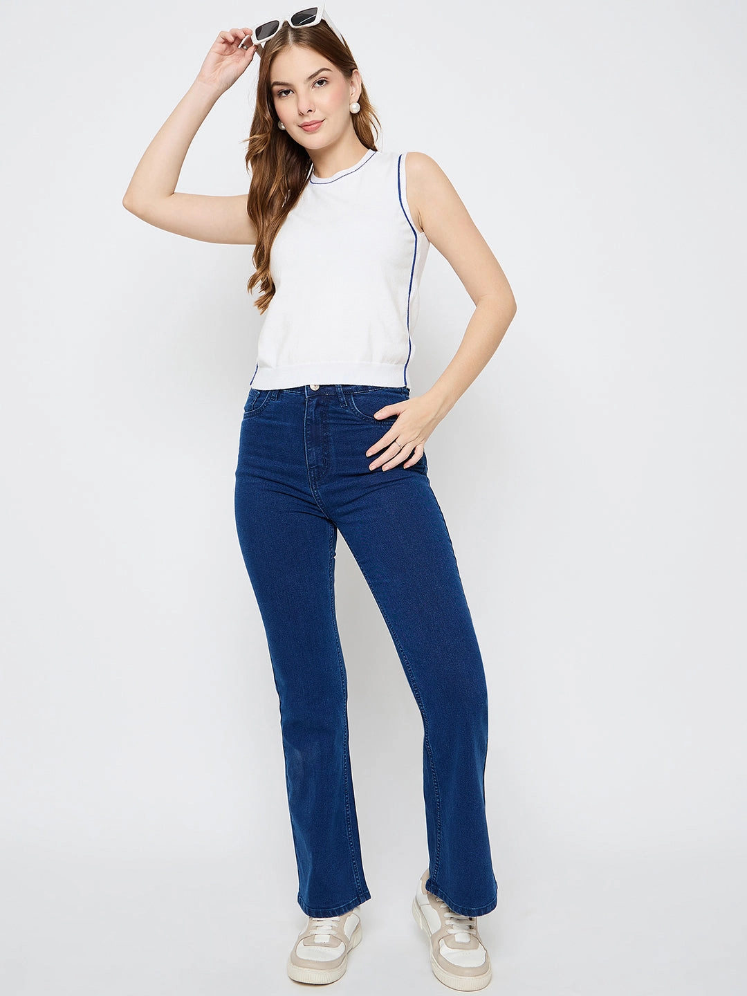 Madame Contrast Trim Sleeveless Blue Knitted Top Bonded Seam Tape LongLastingDurability