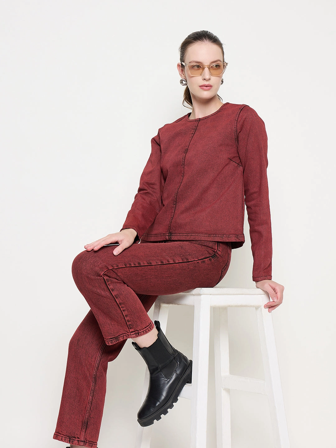 Madame Cotton Blend Acid Wash Red Denim Top Drop Shoulder Cut LaserCut Edges