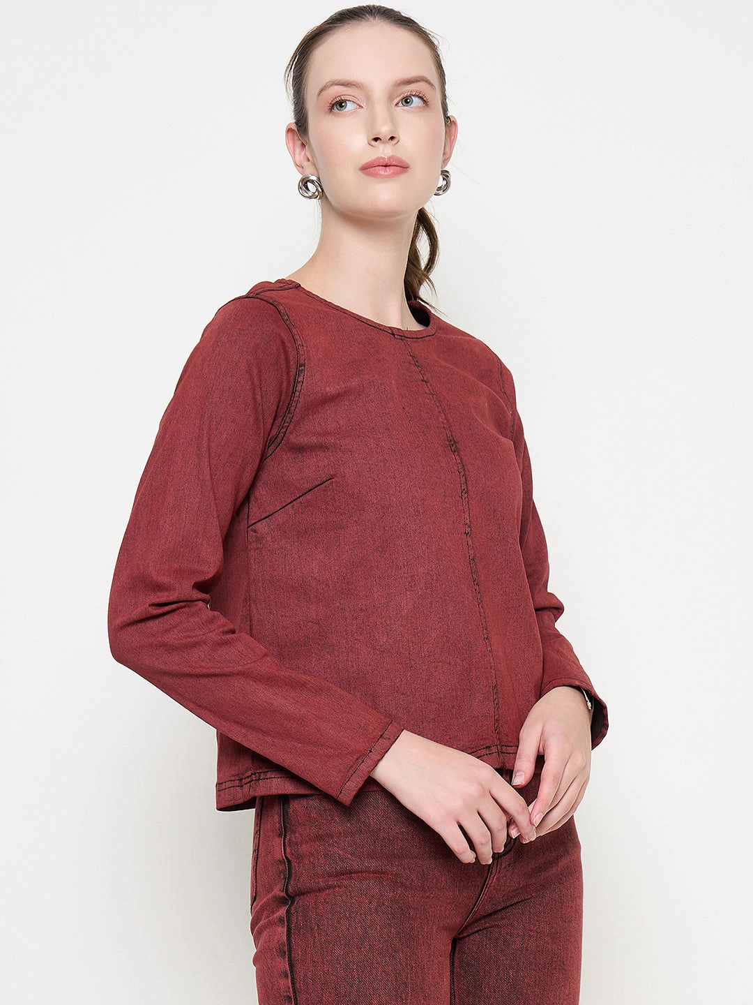 Double Stitched Hem Soft Touch Madame Cotton Blend Acid Wash Red Denim Top