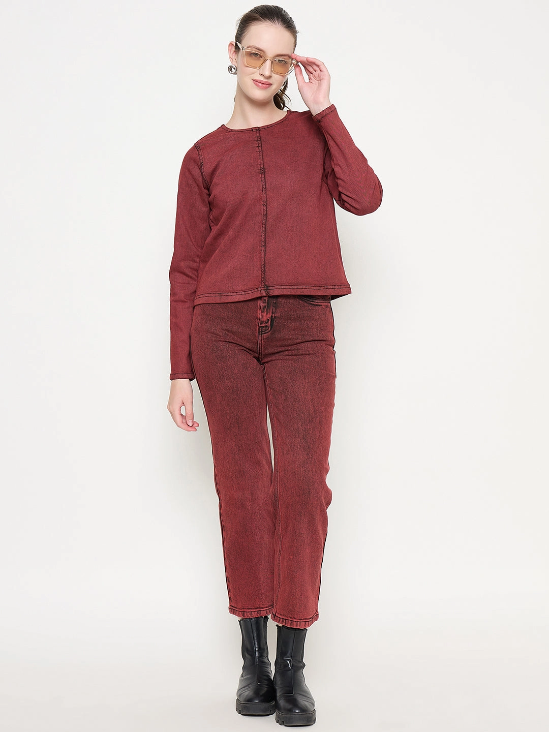 HighDensityFoam SoftBrushed Madame Cotton Blend Acid Wash Red Denim Top