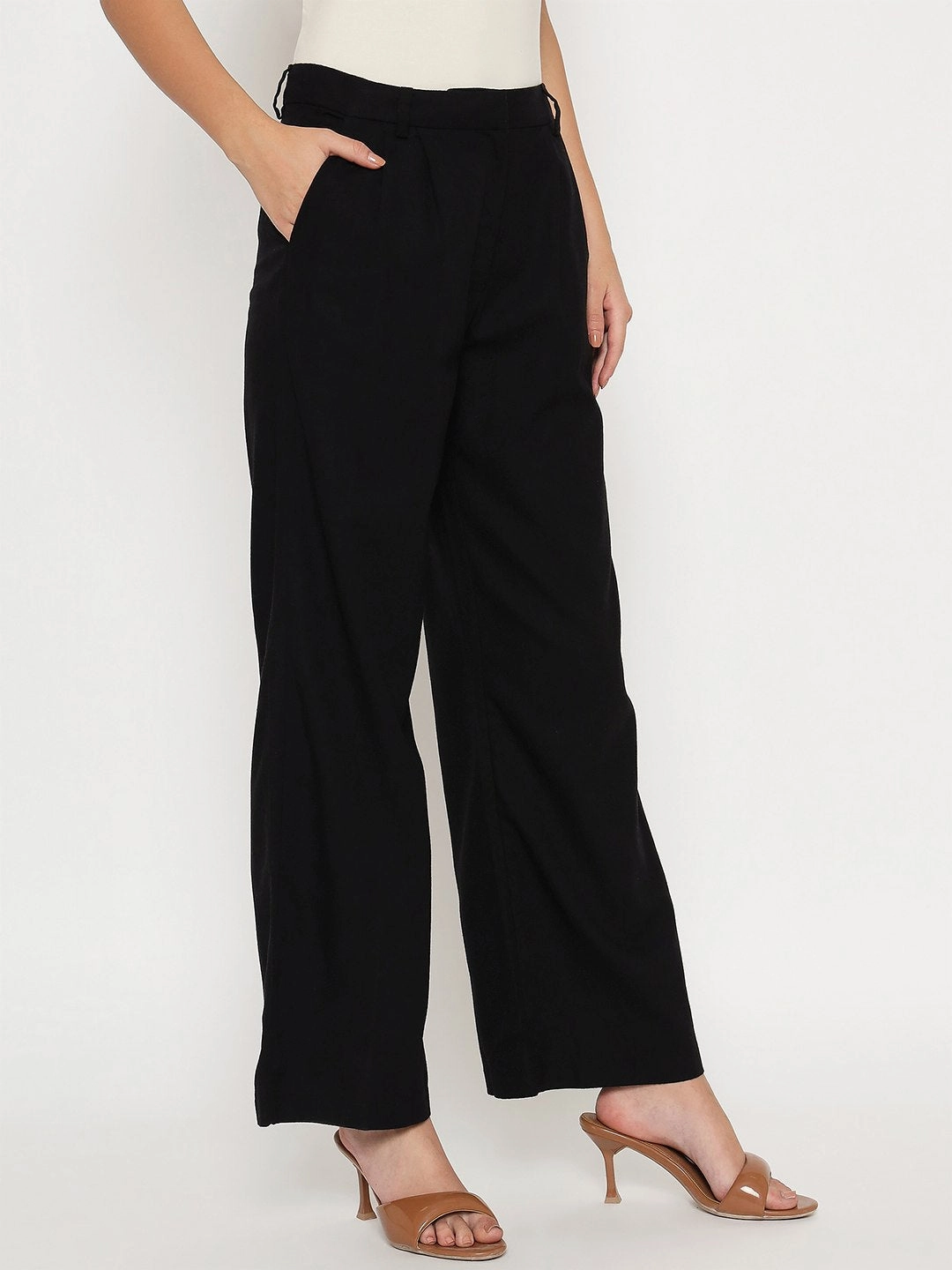 HighWaistSupport Madame Cotton Blend Black Wide Leg Trousers