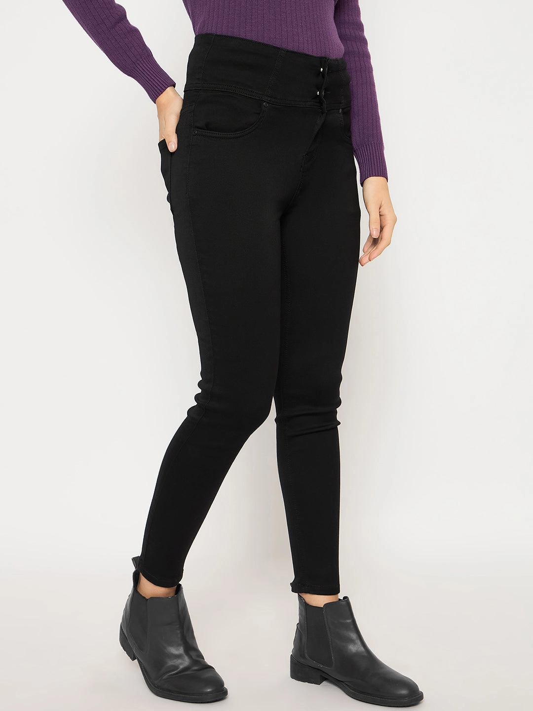Style Basic Trend Setter Home Comfort Madame Cotton Blend Double High Rise Solid Button Black Denim Jeans