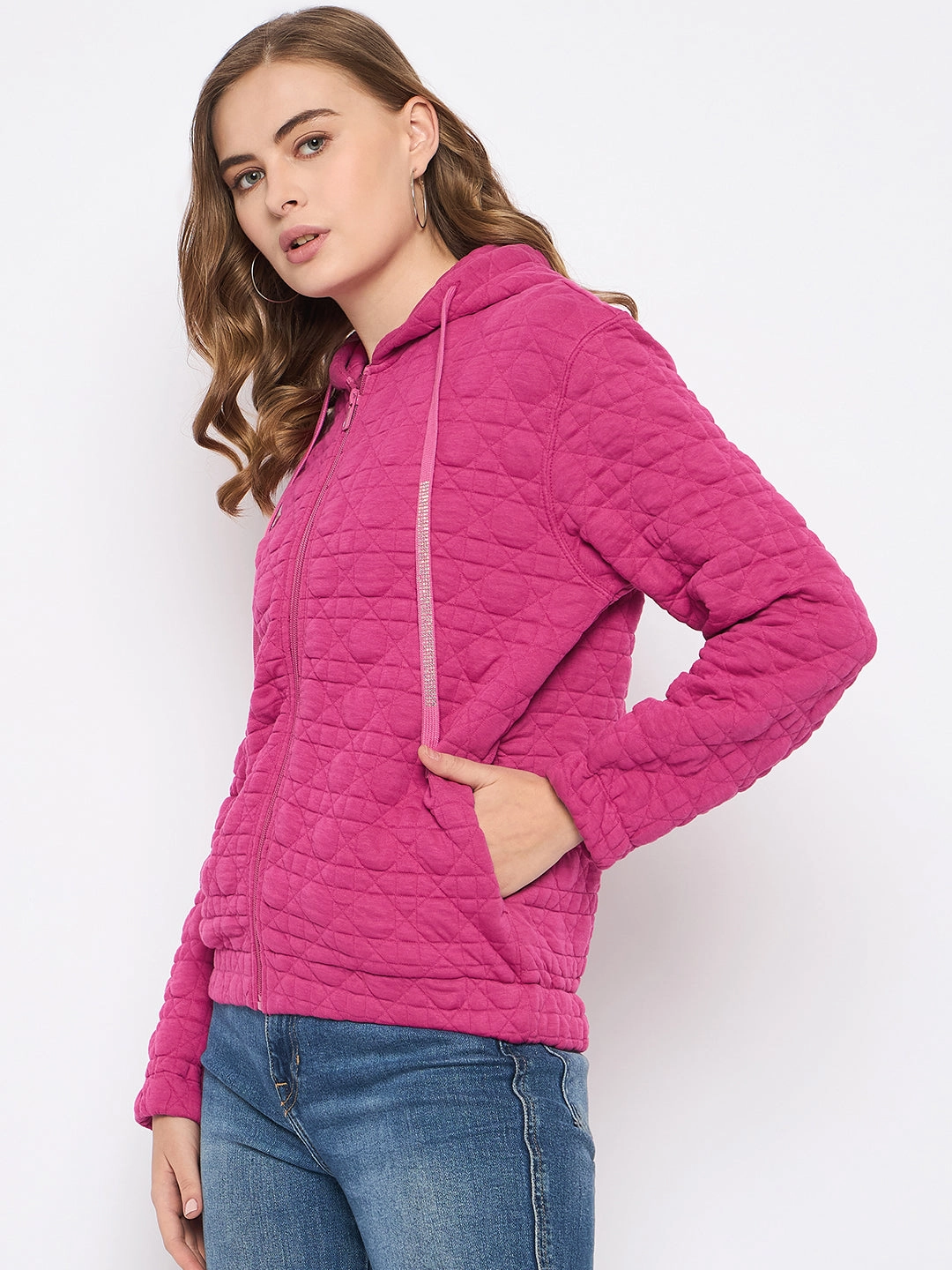 Madame Cotton Blend Self-Textured Zipped Hot Pink Sweatshirt product bow cuteness