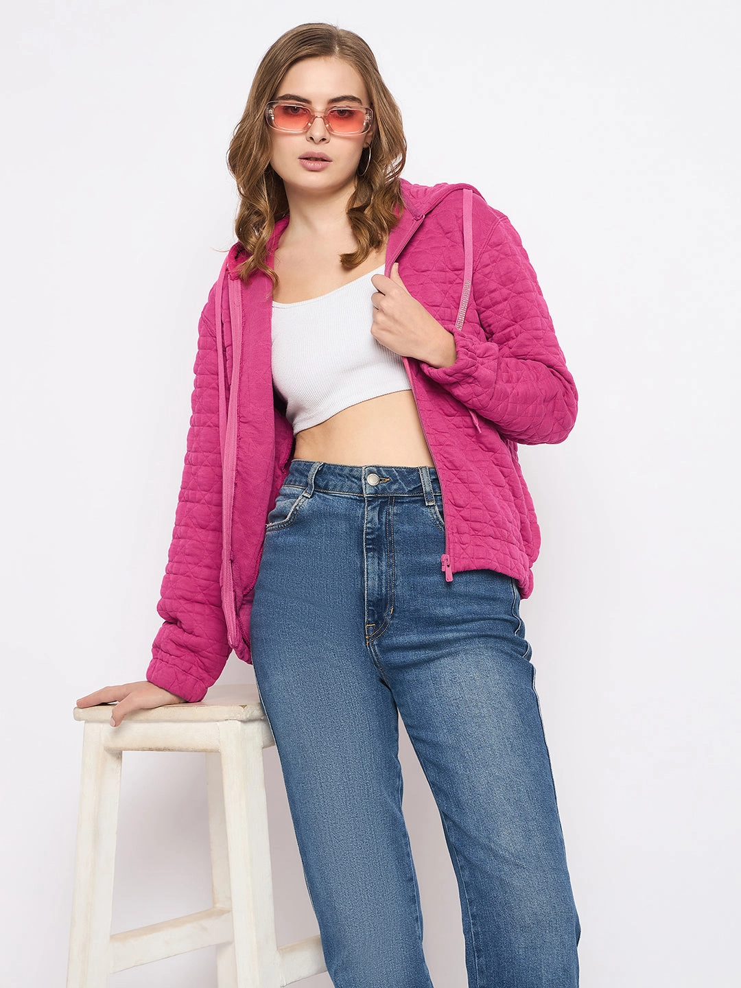 Madame Cotton Blend Self-Textured Zipped Hot Pink Sweatshirt product swimming suitable buoyancy Muscular Frame