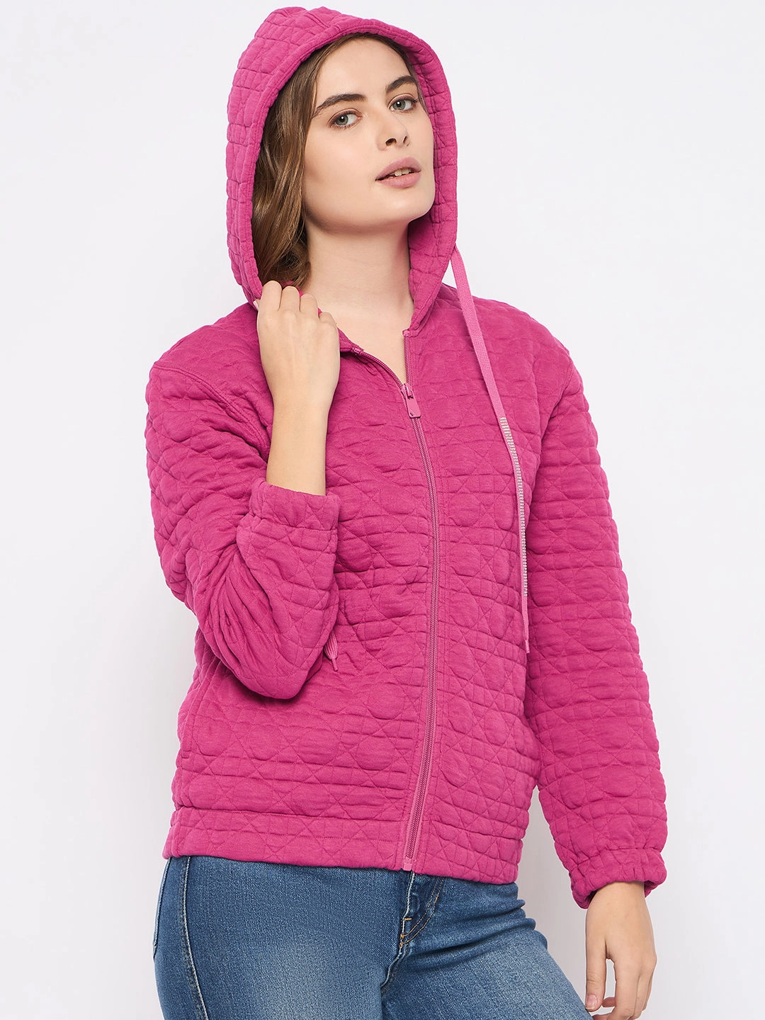 product customer retention Madame Cotton Blend Self-Textured Zipped Hot Pink Sweatshirt