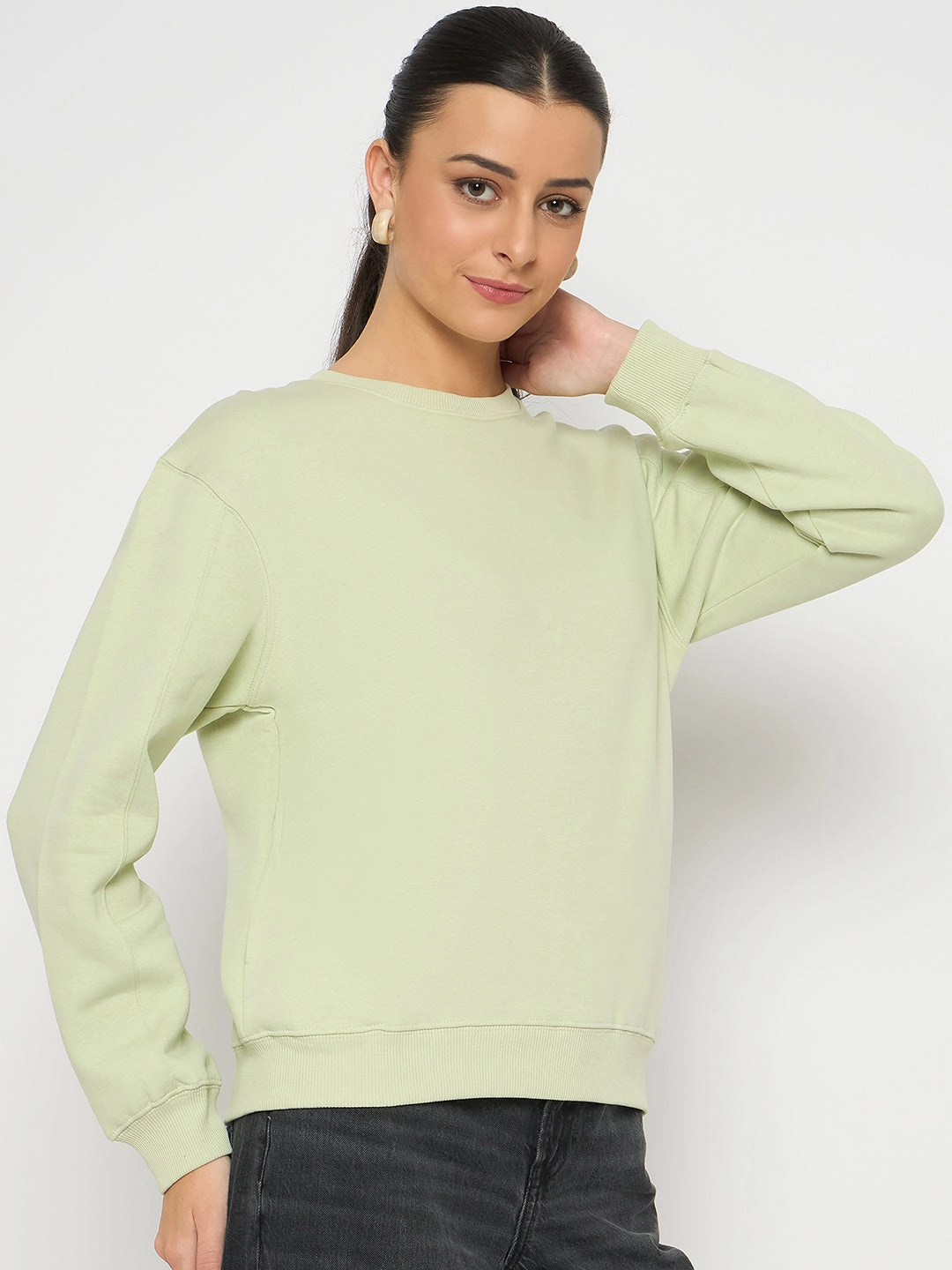 lace accents product sustainable future Madame Cotton Blend Solid Apple Green Sweatshirt