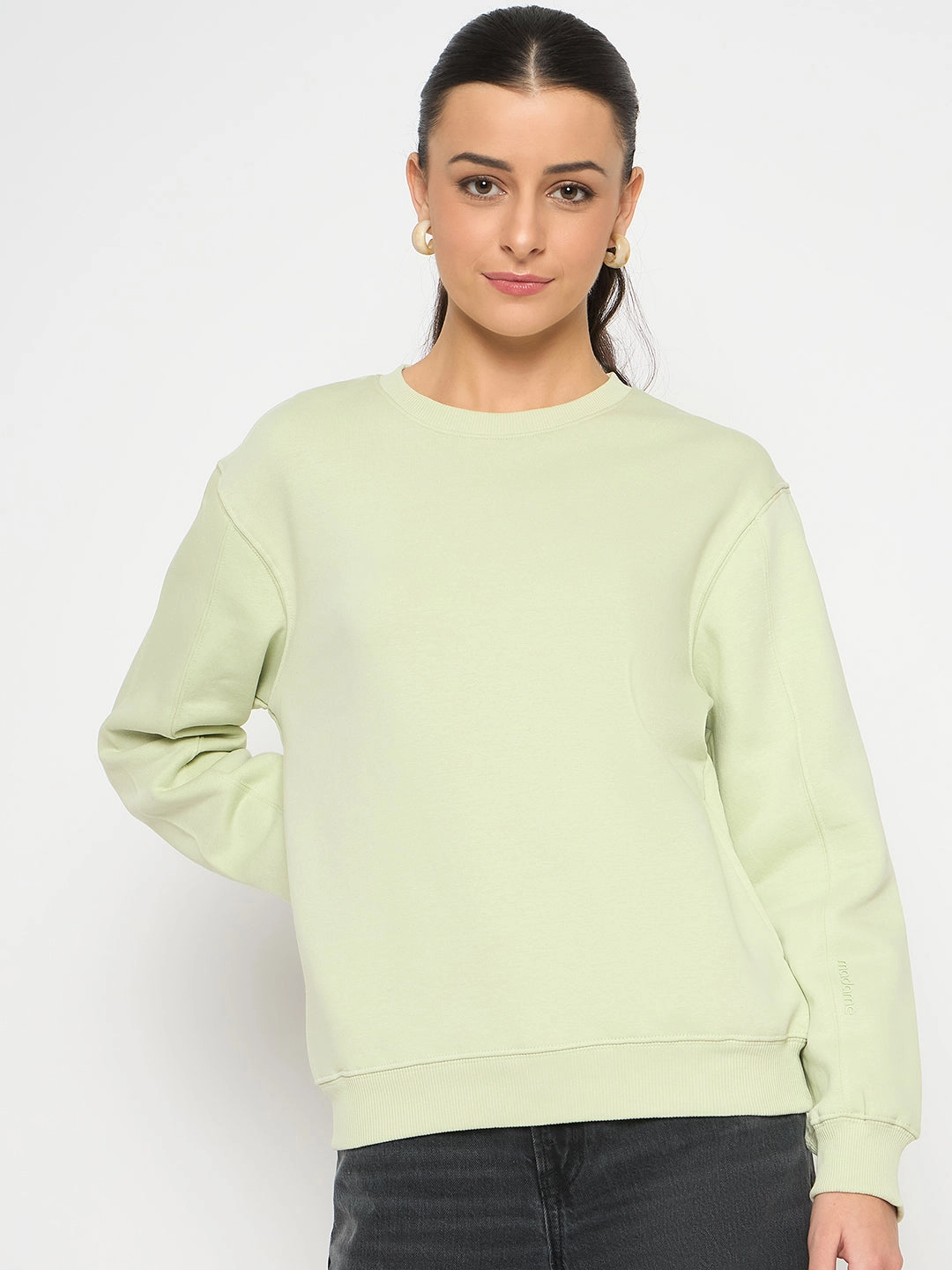 Winter Wear quick dry Madame Cotton Blend Solid Apple Green Sweatshirt
