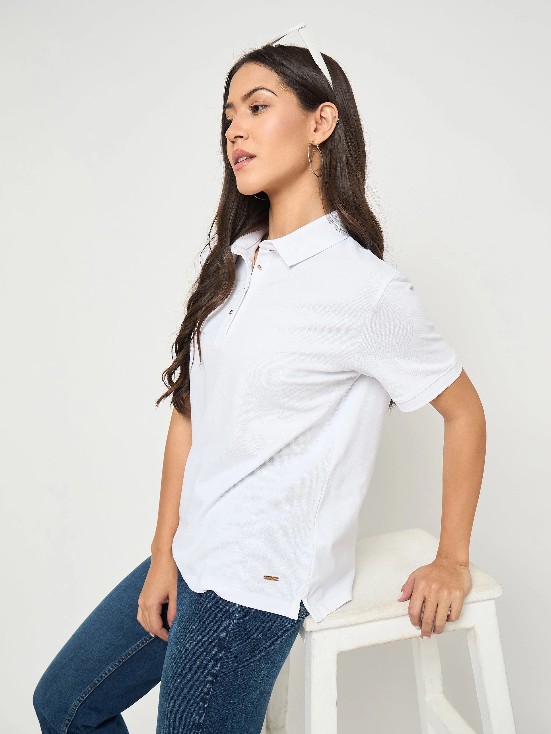 DoubleStitchedHem Temperature Regulating Fibers Madame Cotton Blend Solid White Polo T-shirt