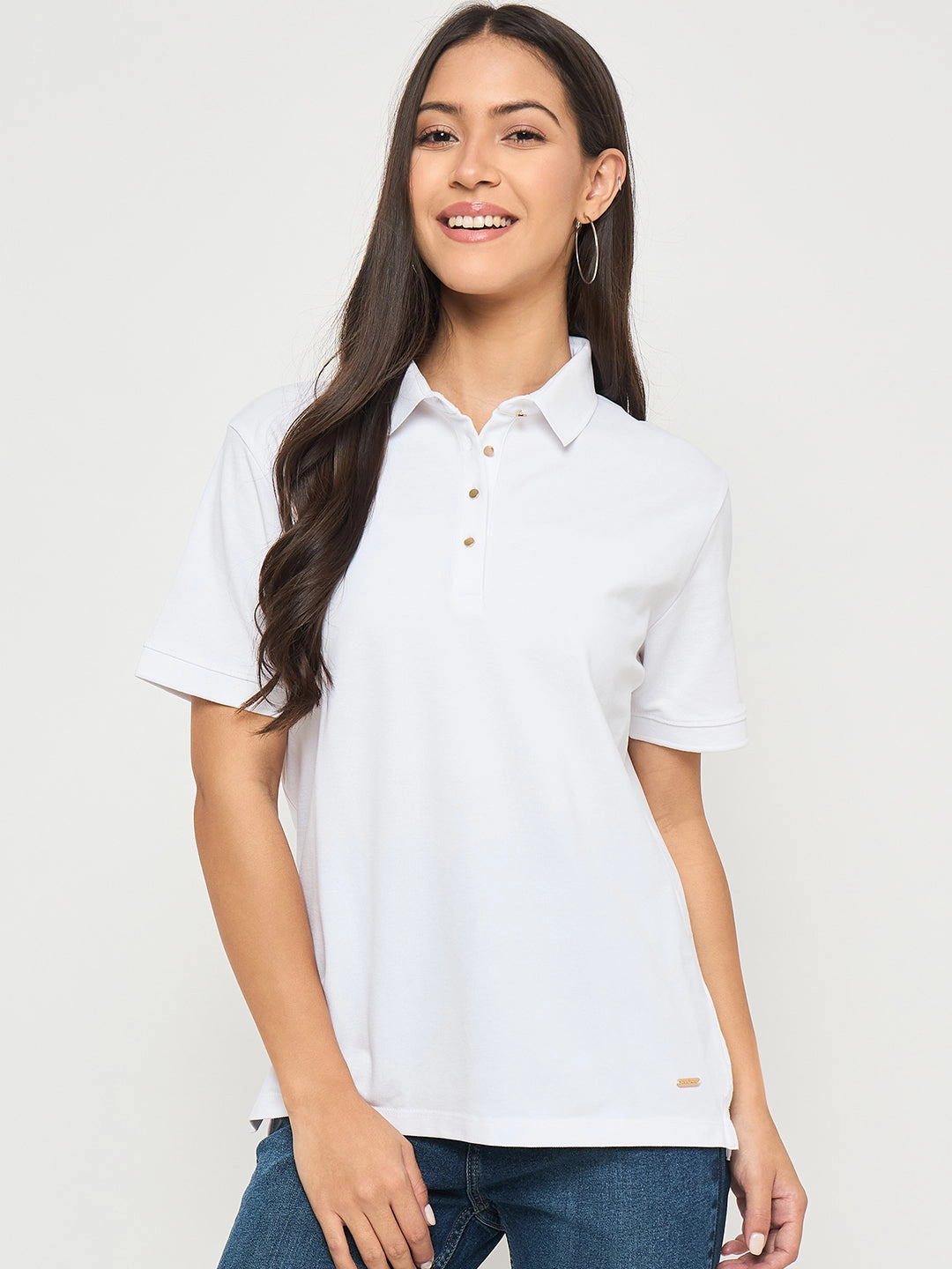 Madame Cotton Blend Solid White Polo T-shirt Non Irritating Label