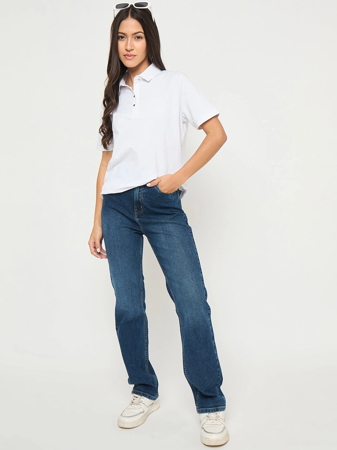 Sporty T-shirt Madame Cotton Blend Solid White Polo T-shirt