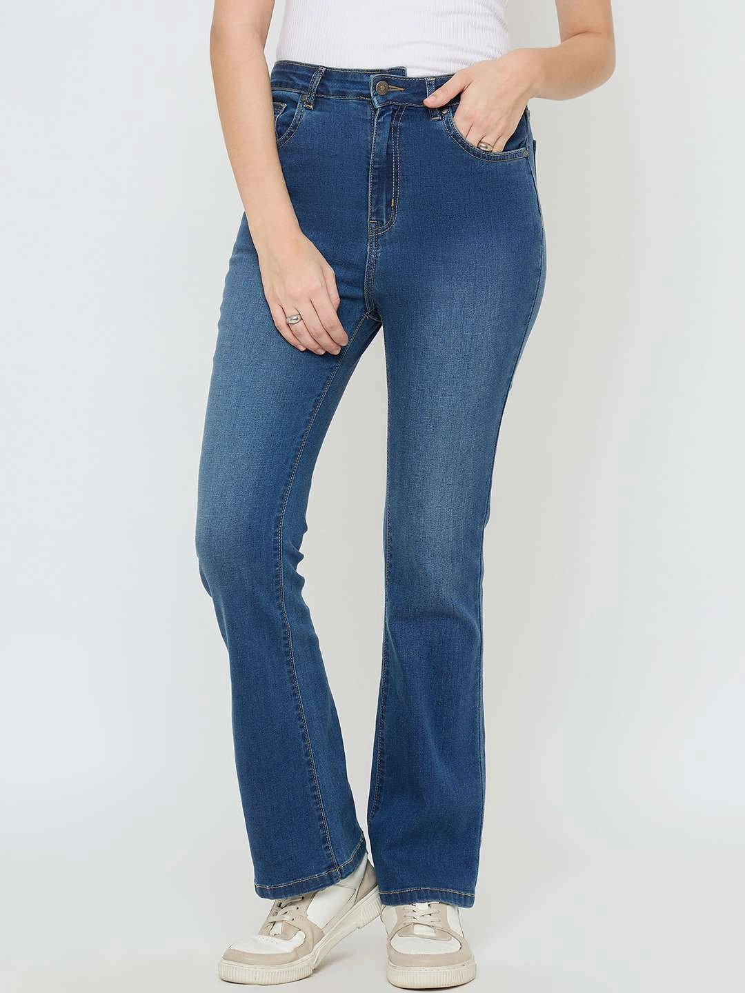Madame Cotton Blend Stone Wash Mid Blue Flared Jeans Seamless Waistband Finish Bartack Stitching