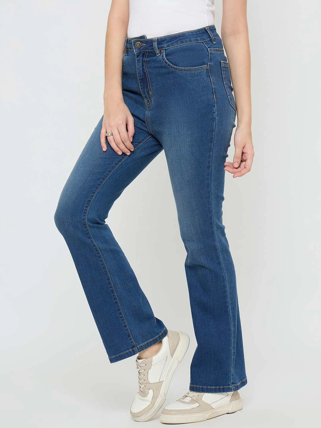 Madame Cotton Blend Stone Wash Mid Blue Flared Jeans Modern Design