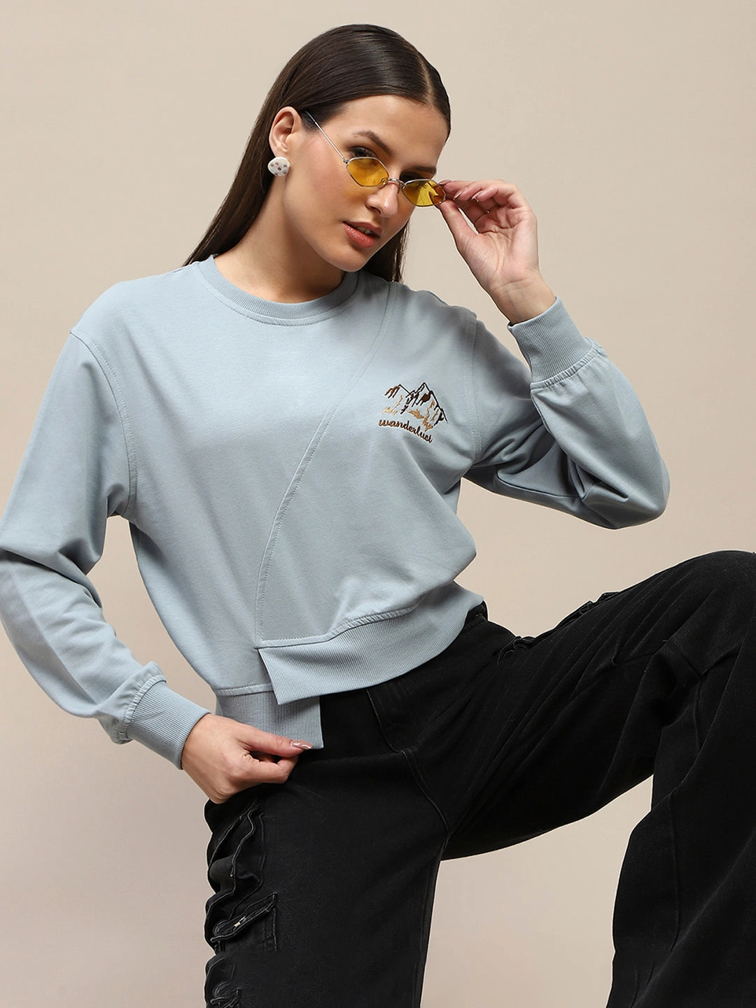 Madame Cotton Embroidery Detailed Light Sky Crop Sweatshirt Warm Hues