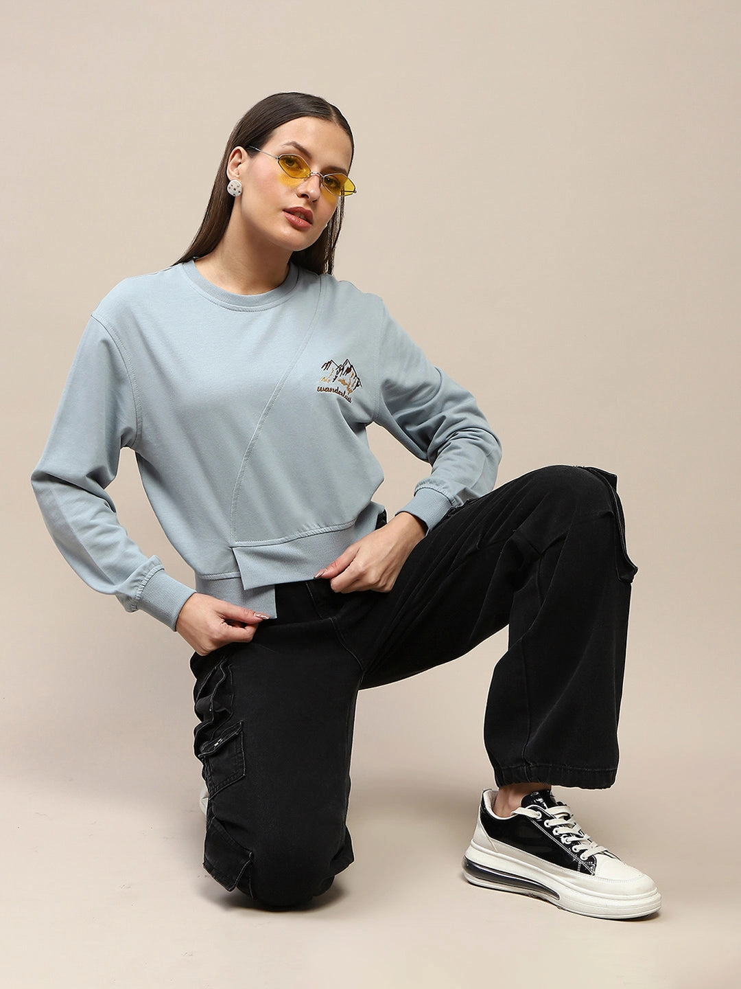 Madame Cotton Embroidery Detailed Light Sky Crop Sweatshirt product neon energy Timeless Style