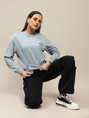 Madame Cotton Embroidery Detailed Light Sky Crop Sweatshirt product neon energy Timeless Style