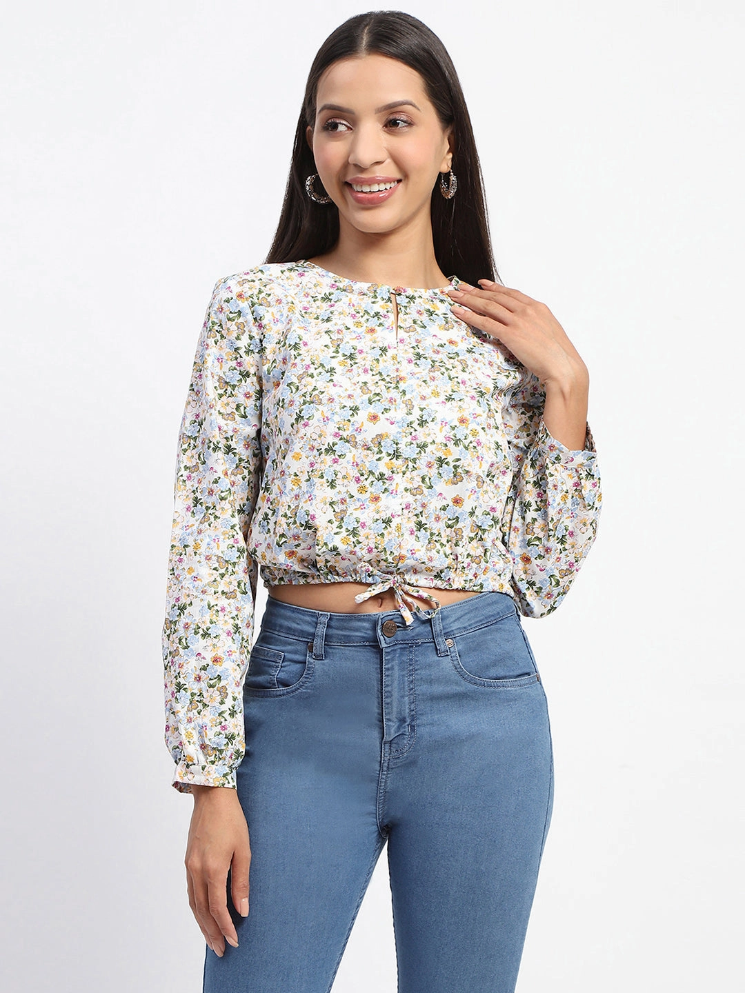 Madame Cotton Floral Print Drawstring Waist Multicolor Top MinimalistAesthetic BondedShoulder