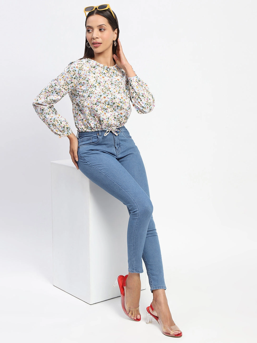 Madame Cotton Floral Print Drawstring Waist Multicolor Top Garment Dyed Finish