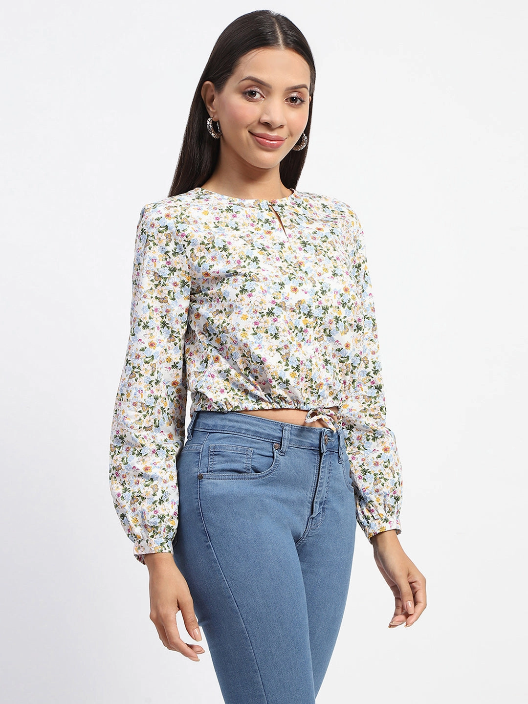 Madame Cotton Floral Print Drawstring Waist Multicolor Top StretchTechnology wrinkle free finish